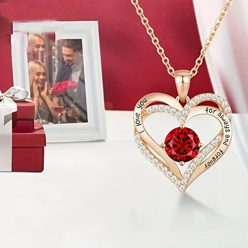 Luxury Red Zircon Pendant Necklaces With Rose Flower Gift Box For Girlfriend Women I Love You Jewelry