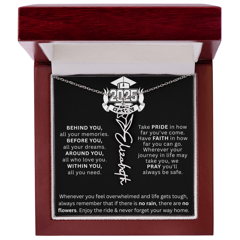 Graduation Gift | No Rain, No Flowers | Personalized Birth Flower Necklace